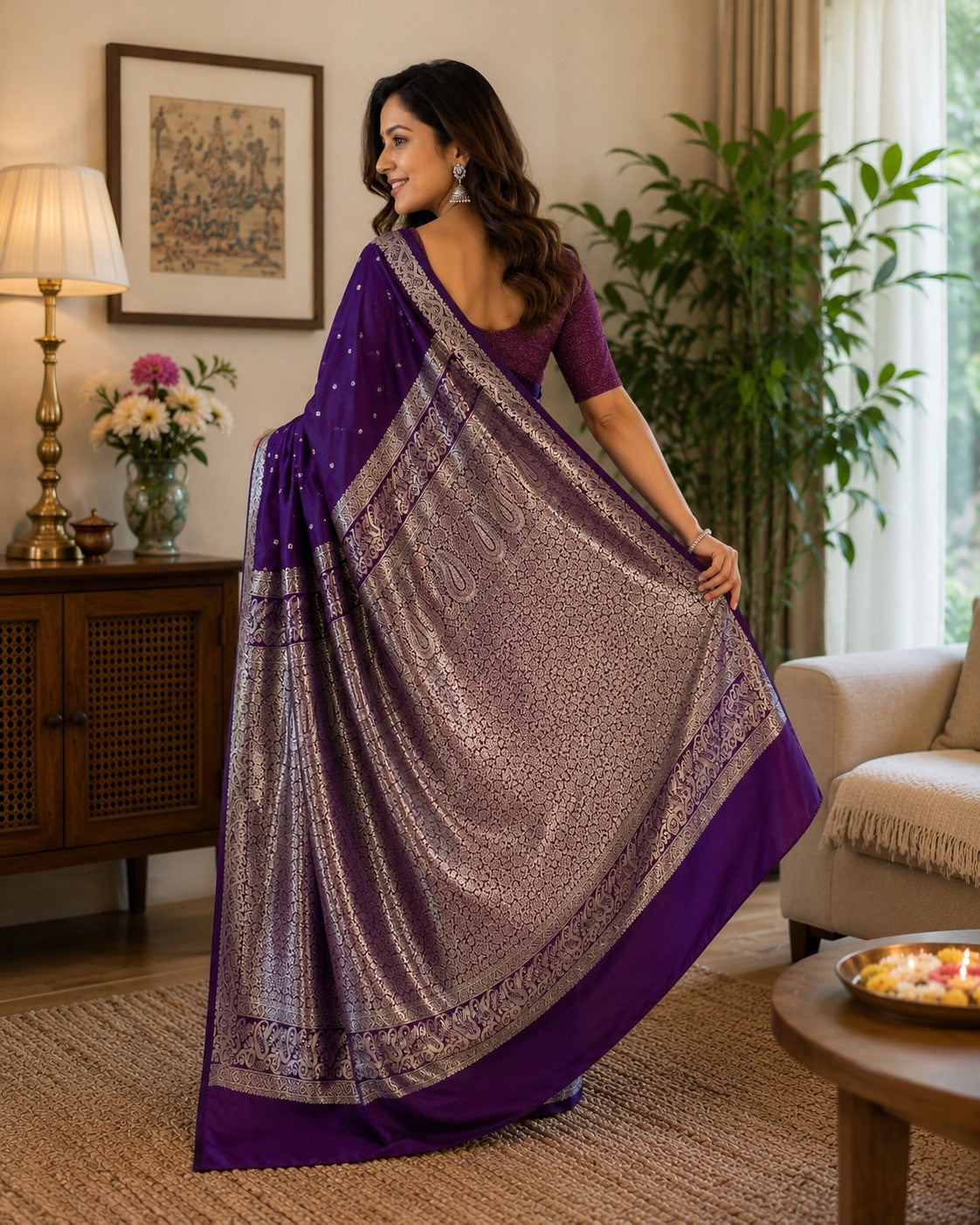 Purple Banarasi Style Silk Saree with Silver Zari Woven Border & Rich Paisley Pallu for Women