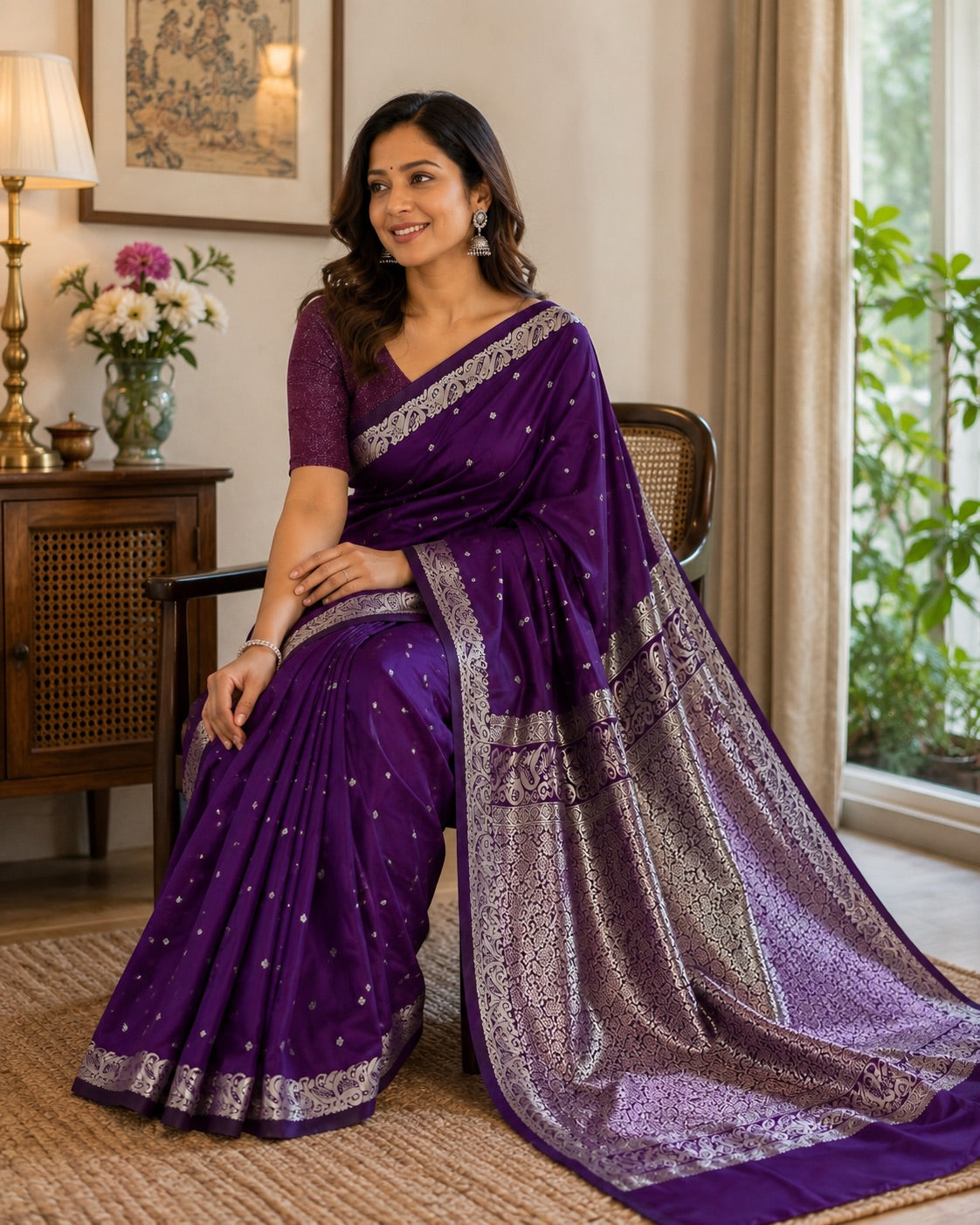 Purple Banarasi Style Silk Saree with Silver Zari Woven Border & Rich Paisley Pallu for Women