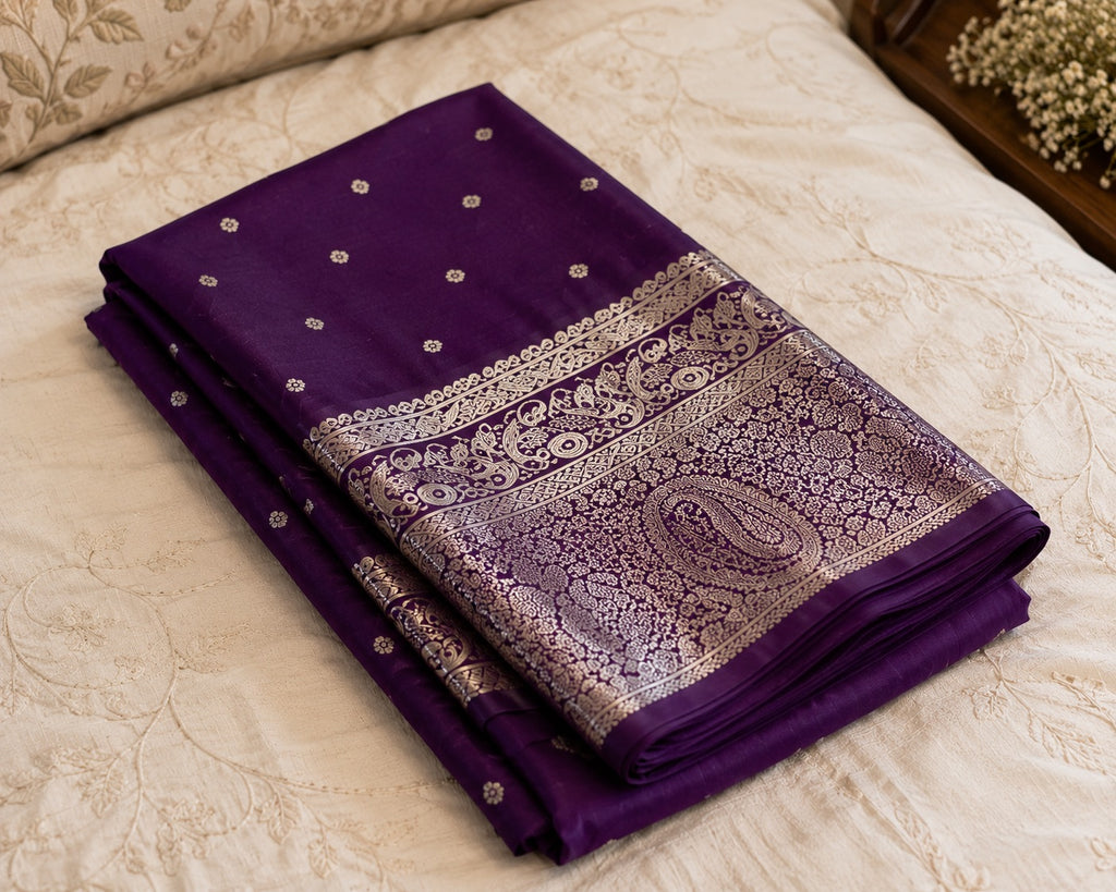 Purple Banarasi Style Silk Saree with Silver Zari Woven Border & Rich Paisley Pallu for Women