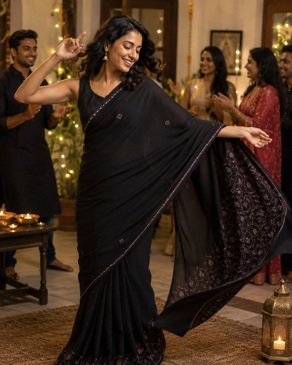 Black Kashmiri Embroidered Saree | Elegant Floral Handwork Designer Saree