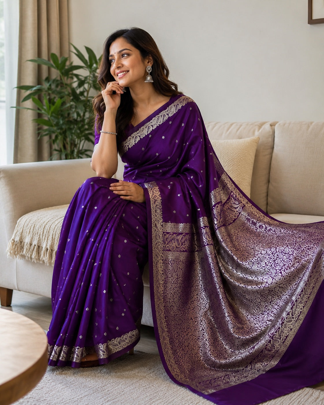 Purple Banarasi Style Silk Saree with Silver Zari Woven Border & Rich Paisley Pallu for Women