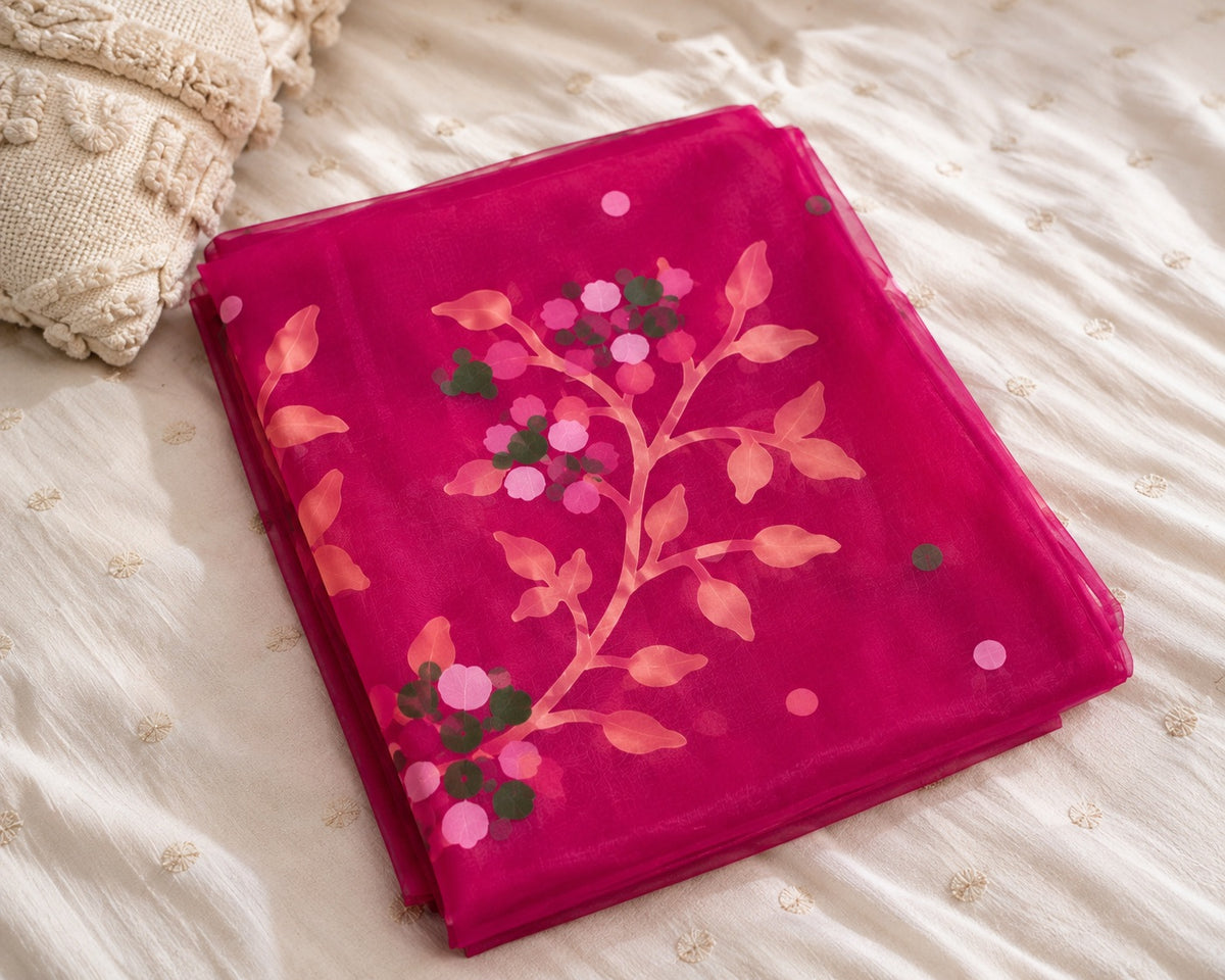 Women's Pink Floral Printed Soft Organza Saree with Matching Blouse Piece