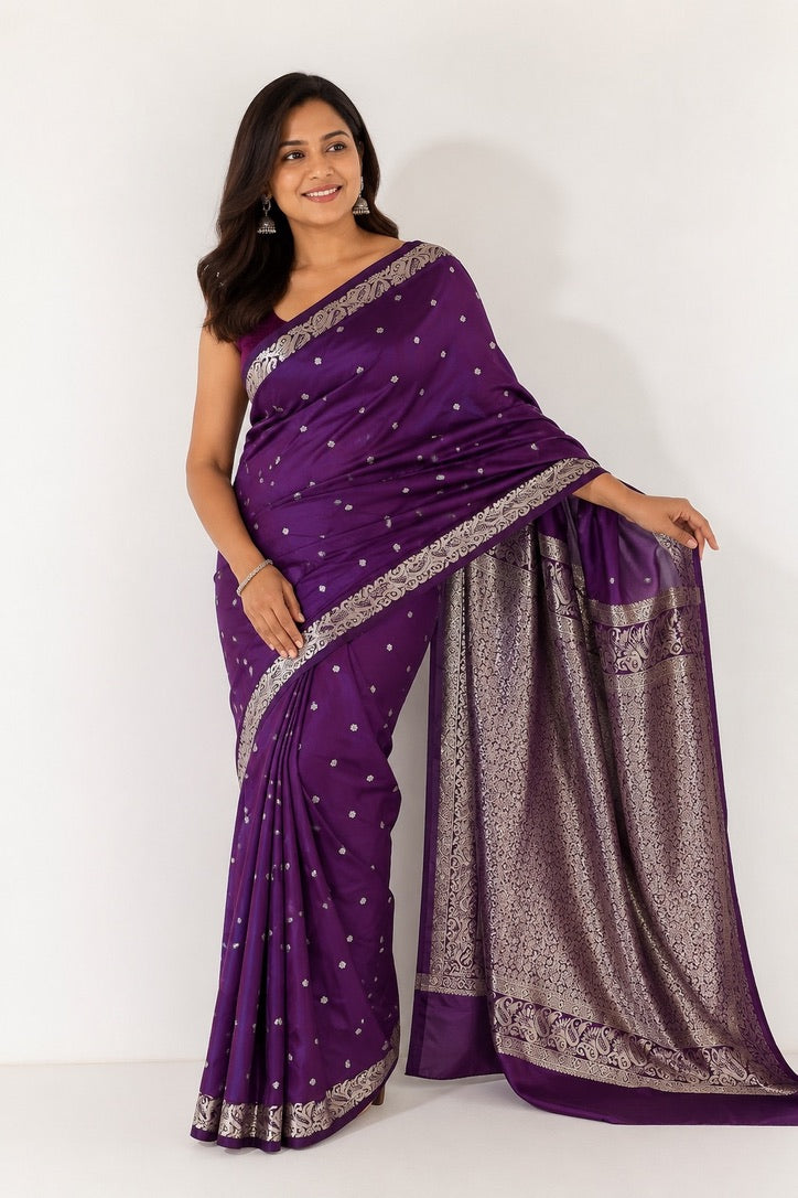 Purple Banarasi Style Silk Saree with Silver Zari Woven Border & Rich Paisley Pallu for Women