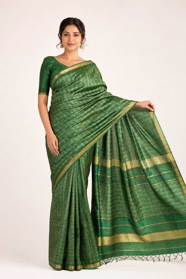 Green Soft Silk Saree with Elegant Gold Woven Floral Jacquard Border