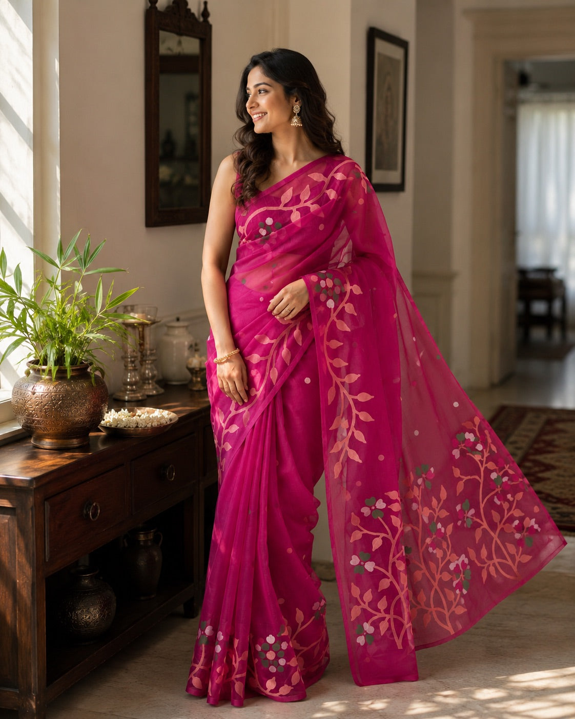 Women's Pink Floral Printed Soft Organza Saree with Matching Blouse Piece