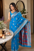 Sky Blue Banarasi Inspired Silk Saree with Meenakari Zari Woven Pallu & Floral Butti Design