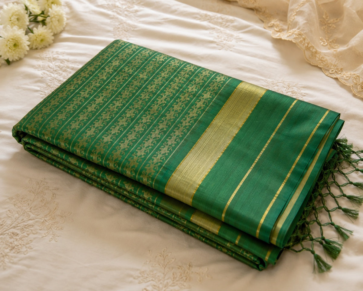 Green Soft Silk Saree with Elegant Gold Woven Floral Jacquard Border