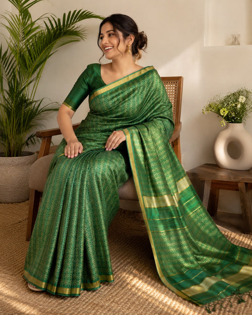 Green Soft Silk Saree with Elegant Gold Woven Floral Jacquard Border