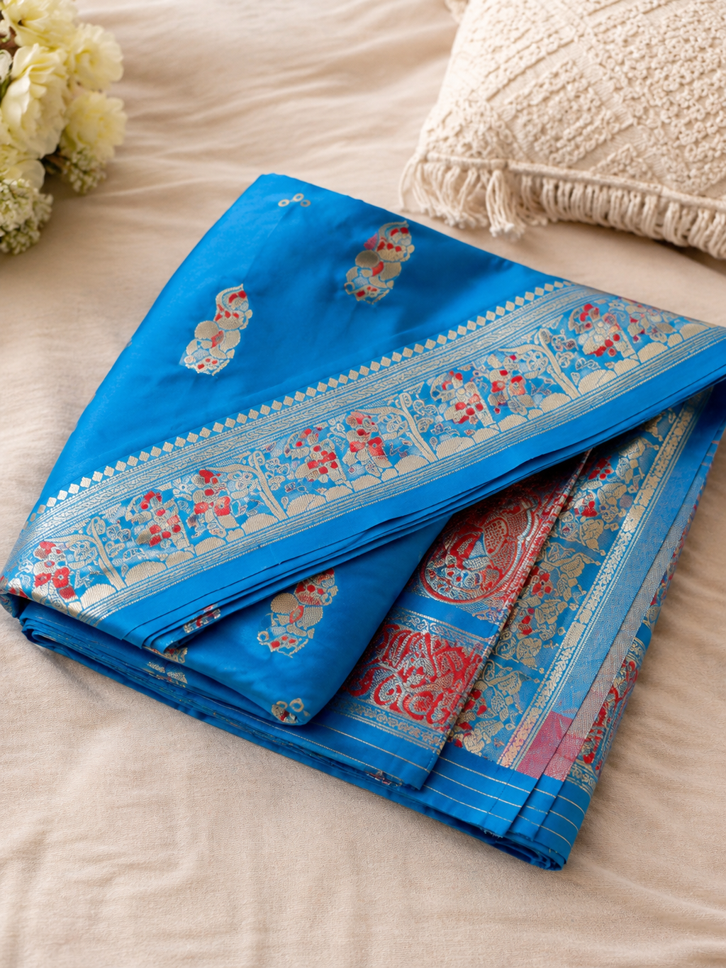 Sky Blue Banarasi Inspired Silk Saree with Meenakari Zari Woven Pallu & Floral Butti Design