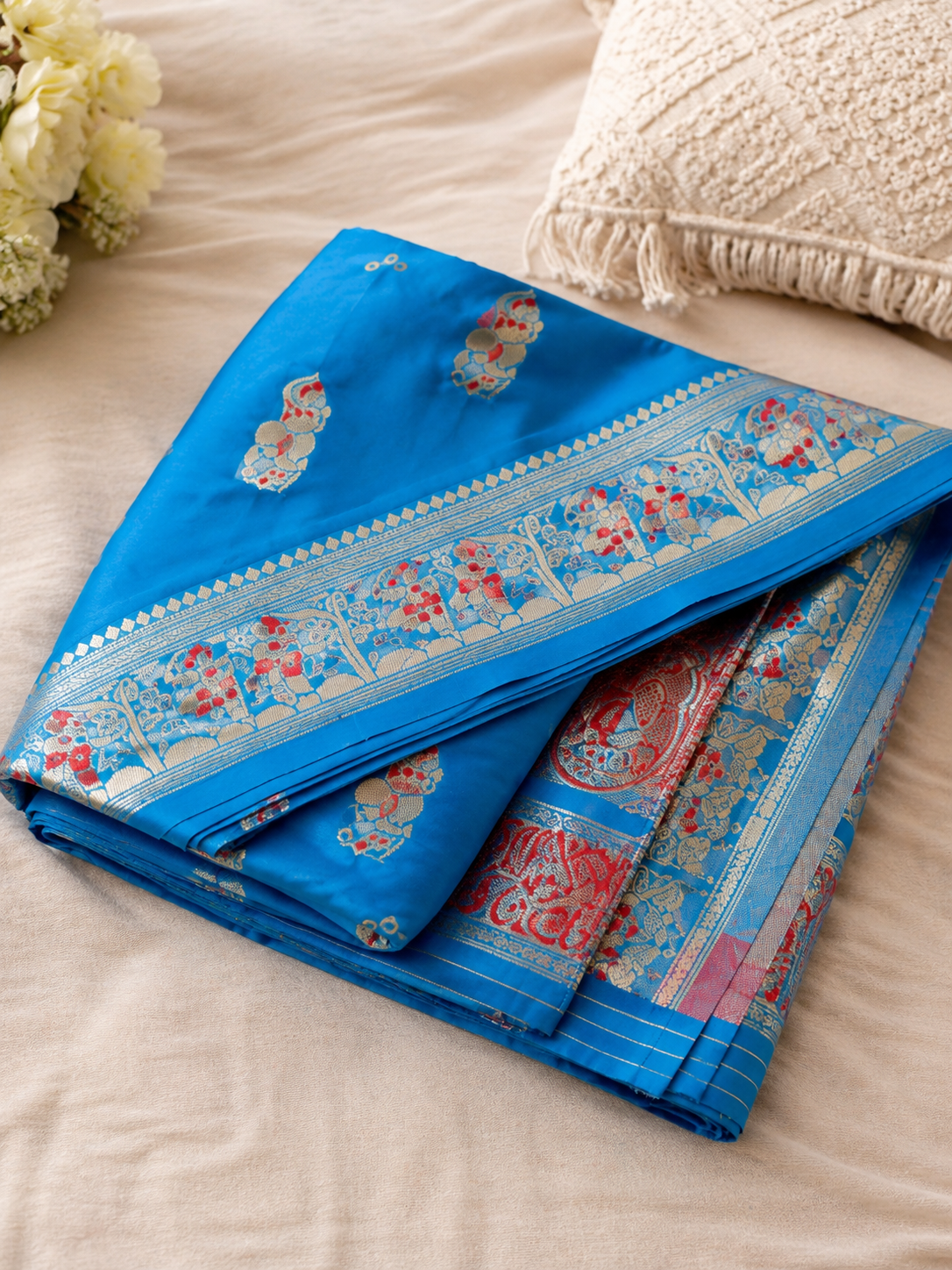 Sky Blue Banarasi Inspired Silk Saree with Meenakari Zari Woven Pallu & Floral Butti Design