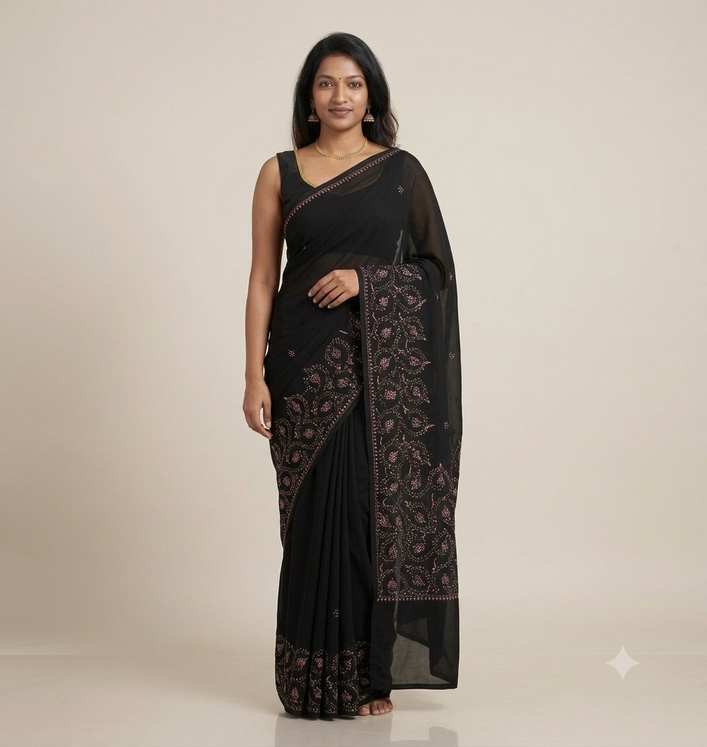 Black Kashmiri Embroidered Saree | Elegant Floral Handwork Designer Saree