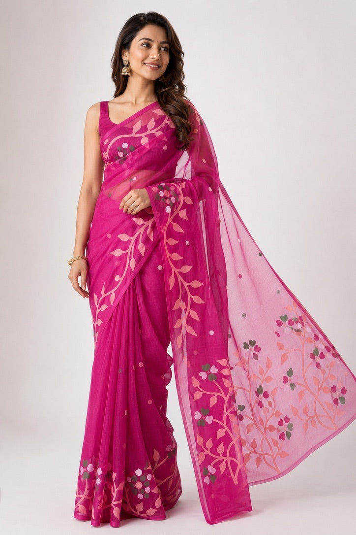 Women's Pink Floral Printed Soft Organza Saree with Matching Blouse Piece
