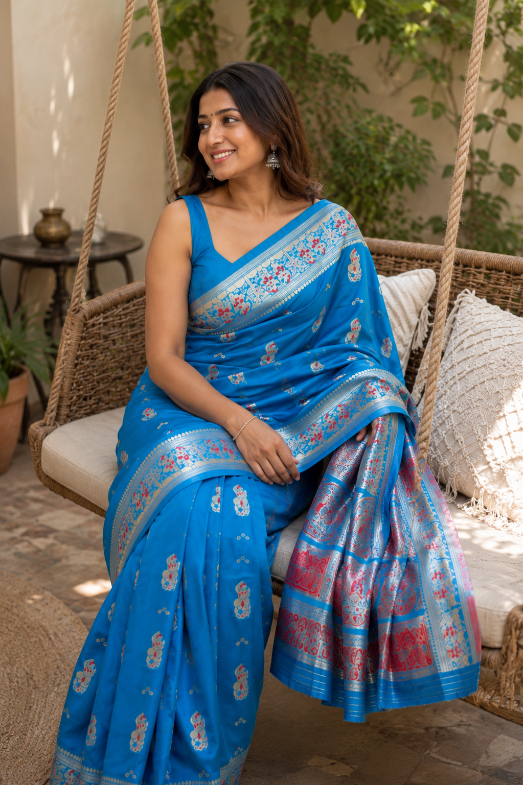 Sky Blue Banarasi Inspired Silk Saree with Meenakari Zari Woven Pallu & Floral Butti Design