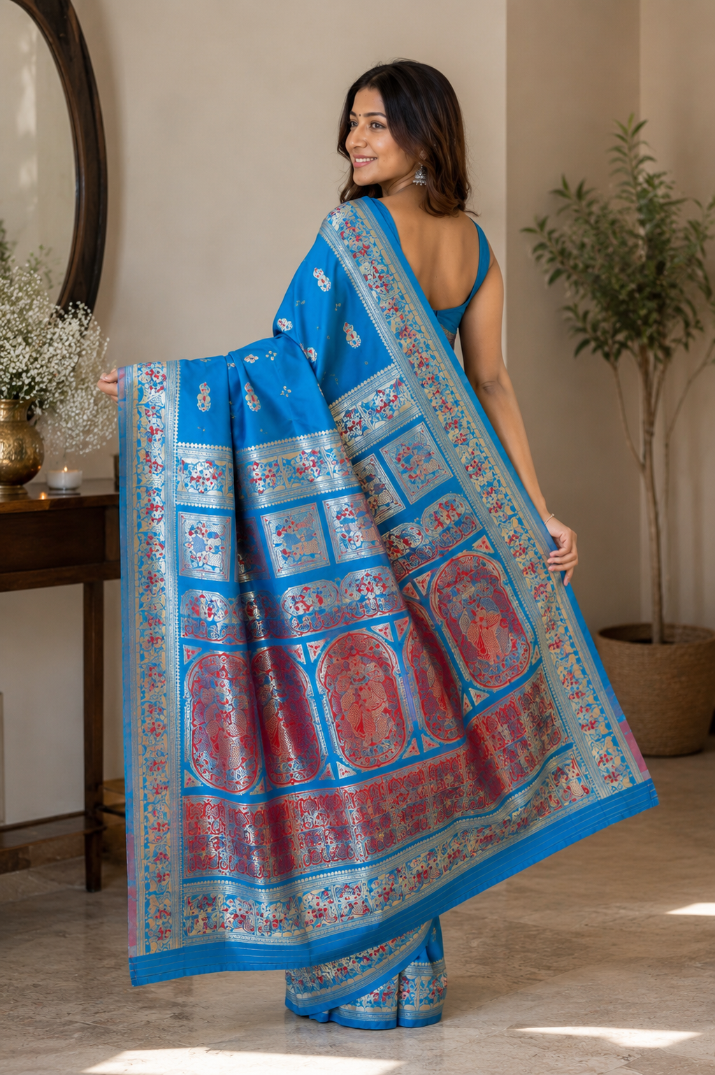 Sky Blue Banarasi Inspired Silk Saree with Meenakari Zari Woven Pallu & Floral Butti Design