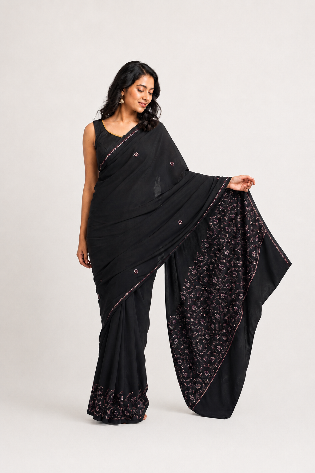 Black Kashmiri Embroidered Saree | Elegant Floral Handwork Designer Saree