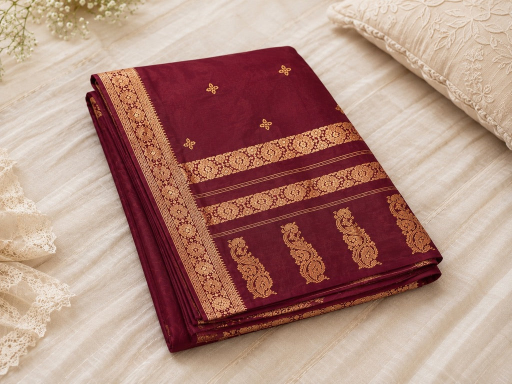 Maroon Banarasi Silk Blend Saree with Gold Zari Woven Border & Rich Pallu