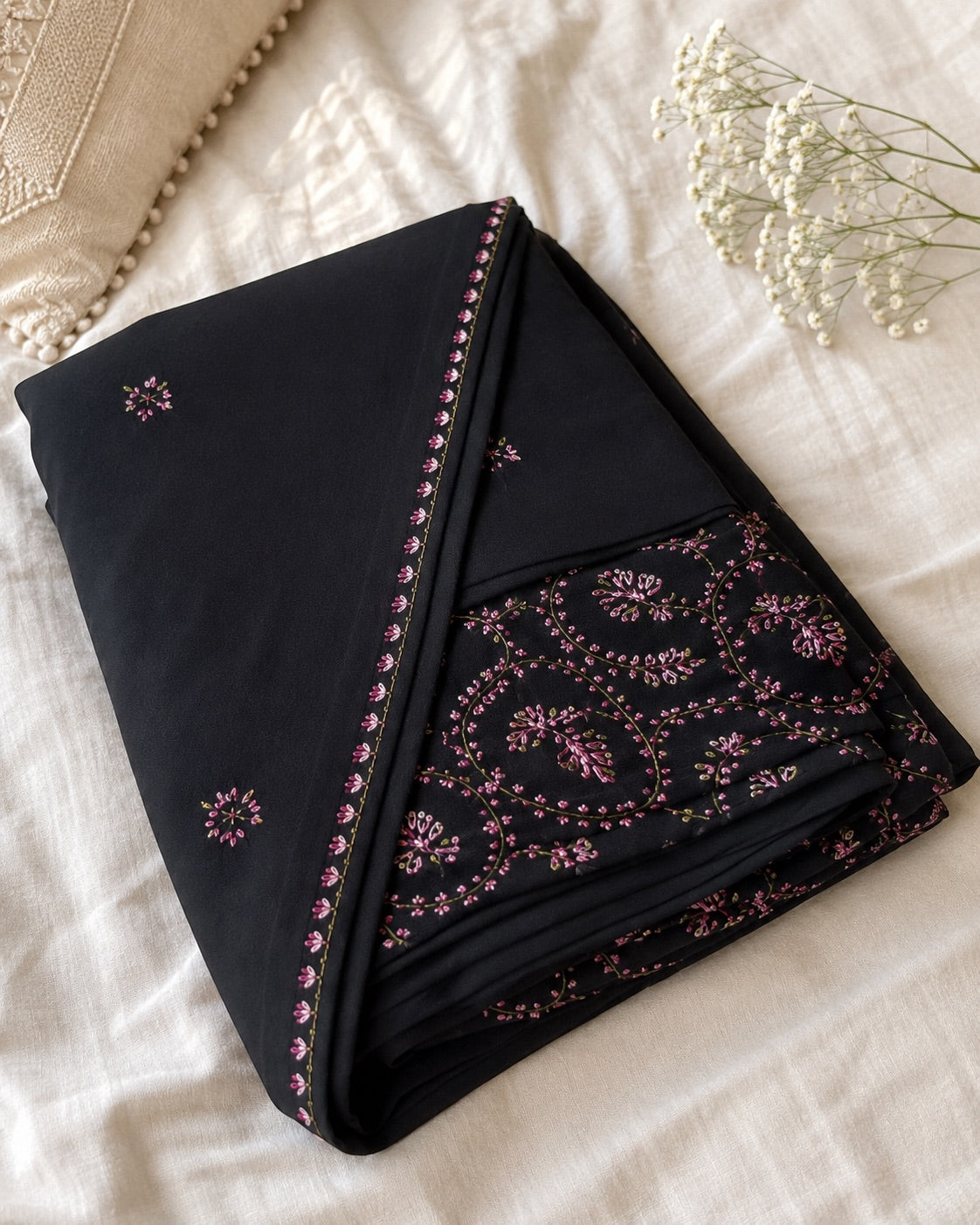 Black Kashmiri Embroidered Saree | Elegant Floral Handwork Designer Saree