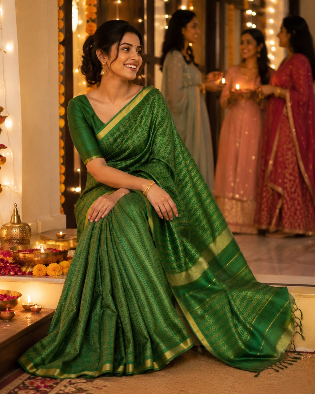 Green Soft Silk Saree with Elegant Gold Woven Floral Jacquard Border