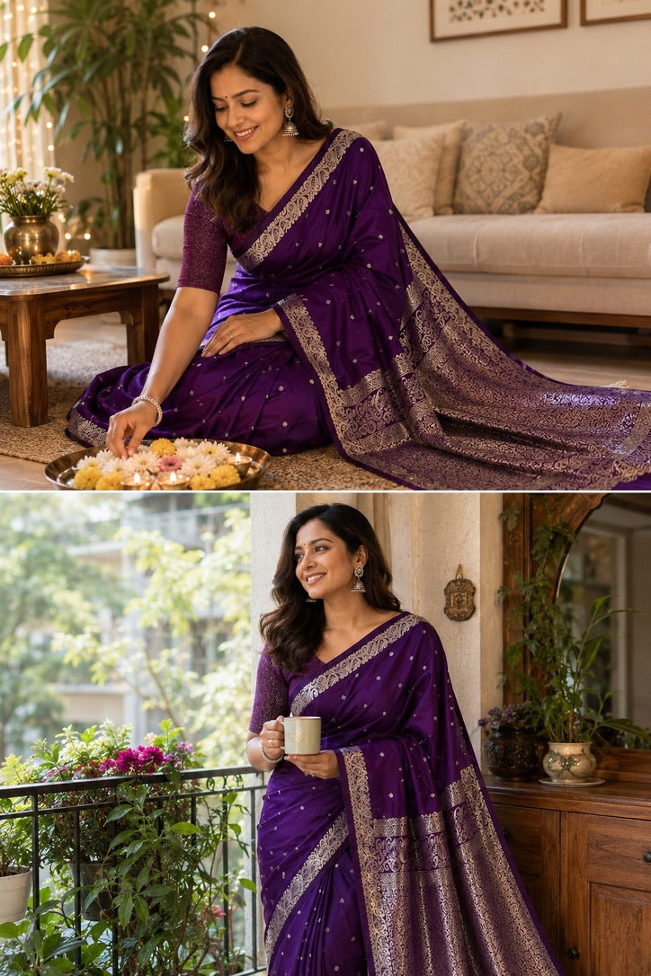 Purple Banarasi Style Silk Saree with Silver Zari Woven Border & Rich Paisley Pallu for Women