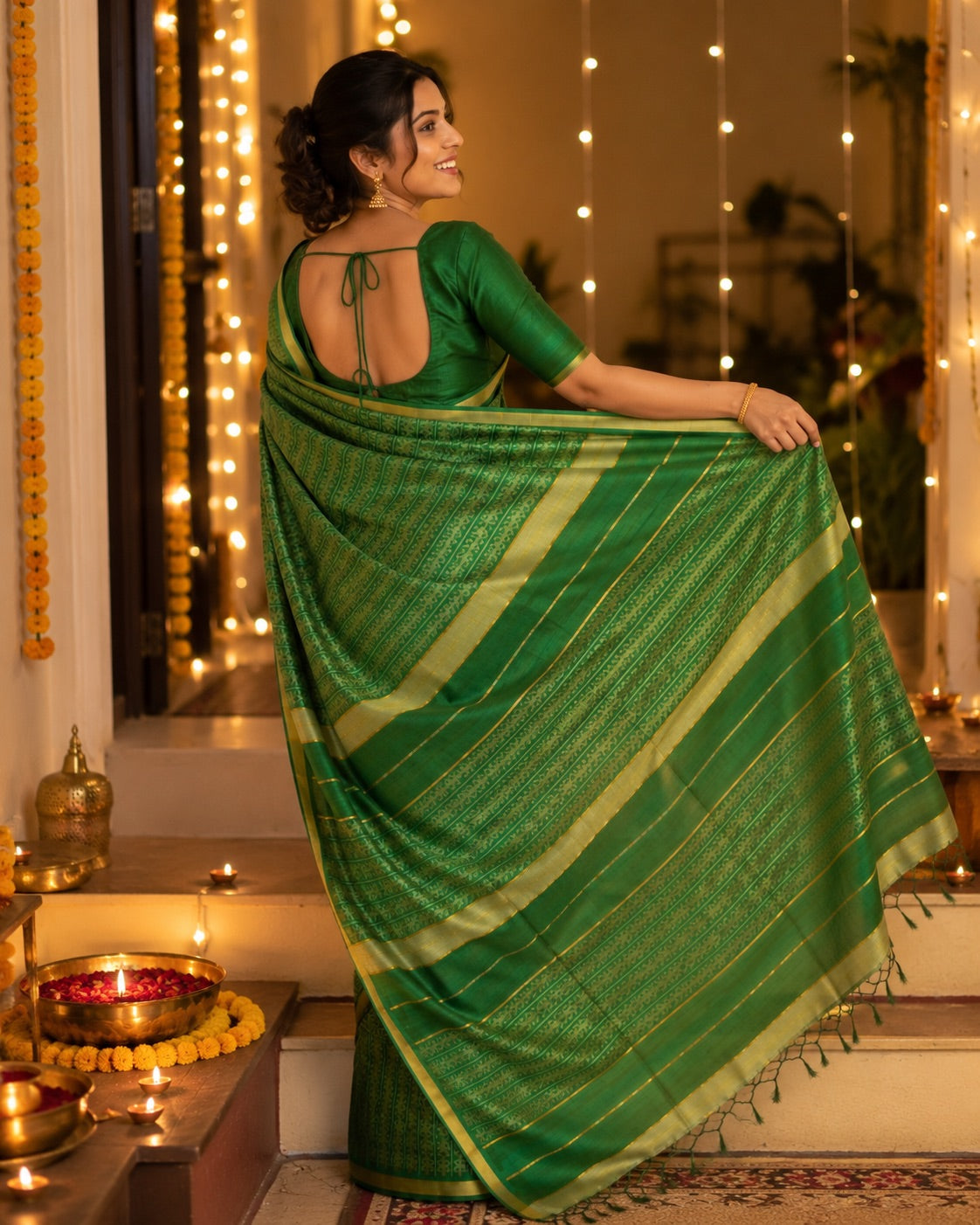 Green Soft Silk Saree with Elegant Gold Woven Floral Jacquard Border