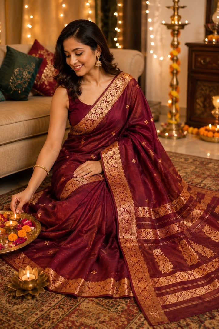 Maroon Banarasi Silk Blend Saree with Gold Zari Woven Border & Rich Pallu