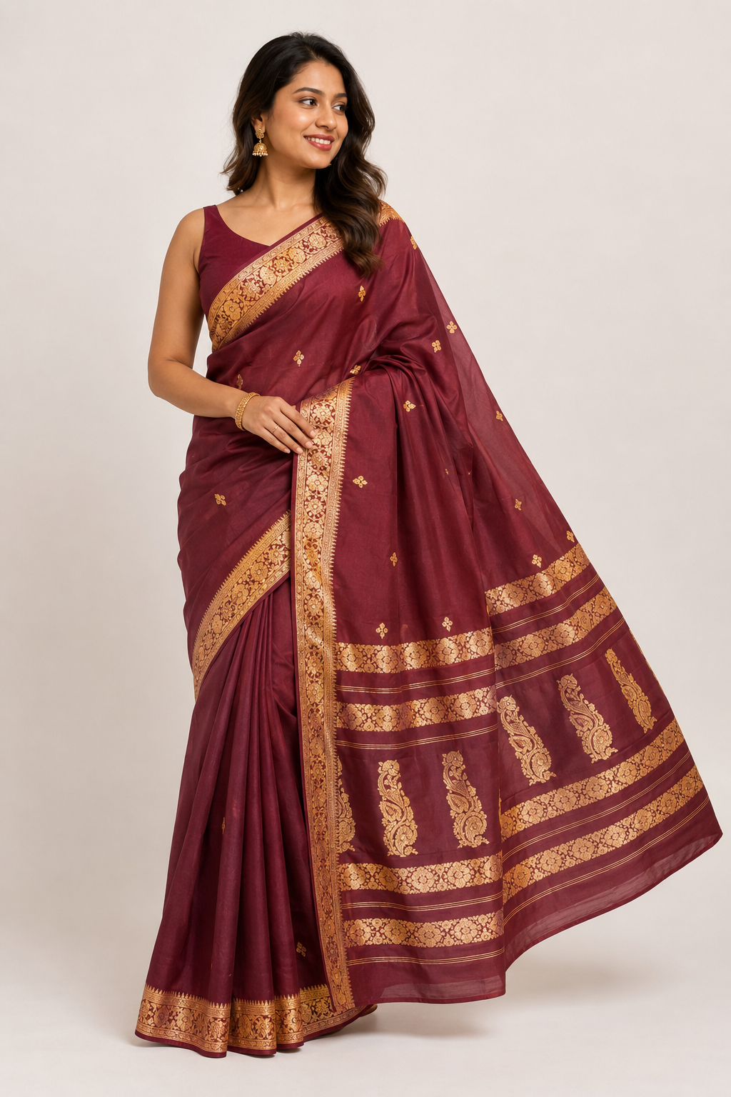 Maroon Banarasi Silk Blend Saree with Gold Zari Woven Border & Rich Pallu