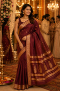 Maroon Banarasi Silk Blend Saree with Gold Zari Woven Border & Rich Pallu