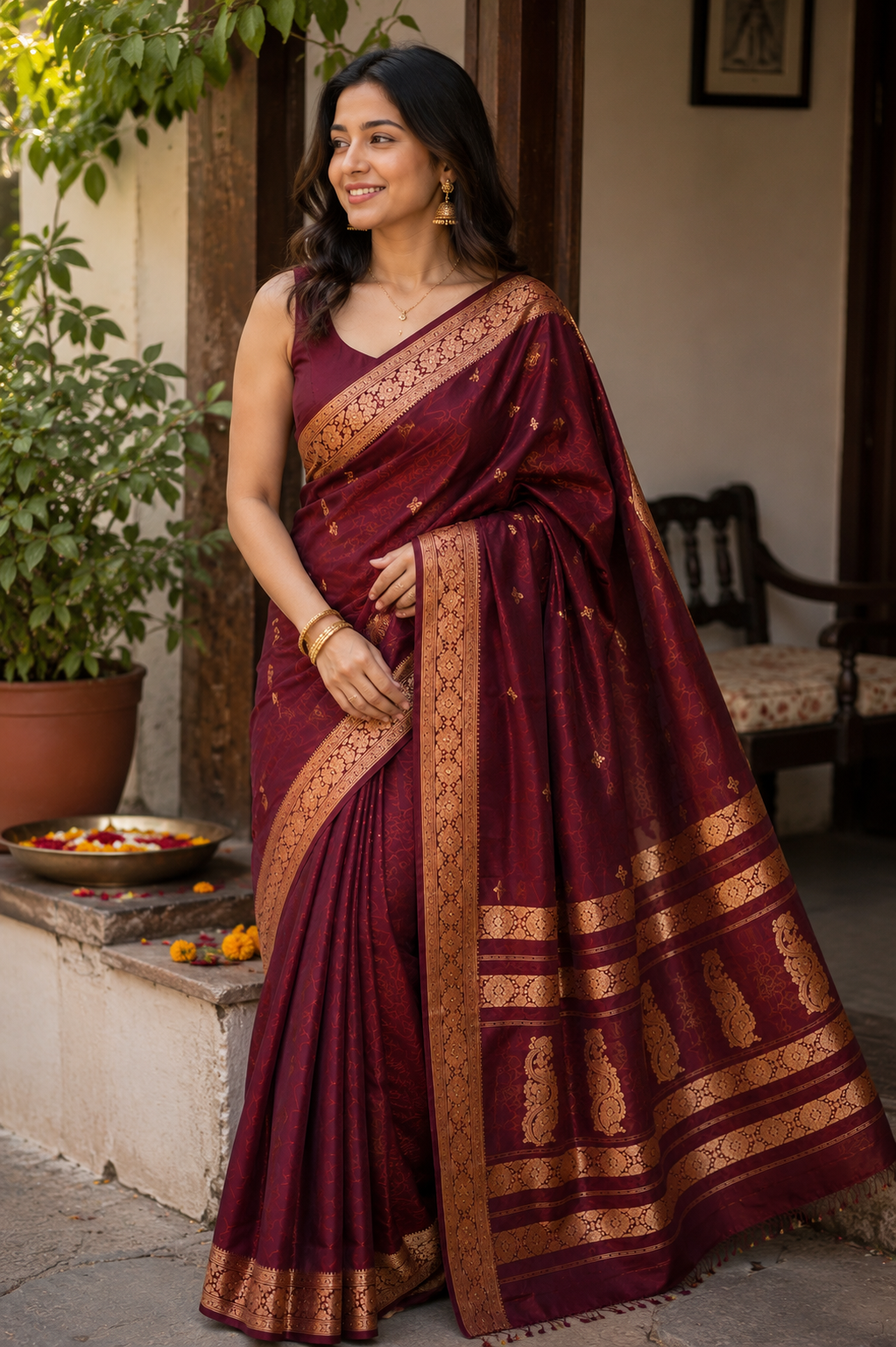 Maroon Banarasi Silk Blend Saree with Gold Zari Woven Border & Rich Pallu